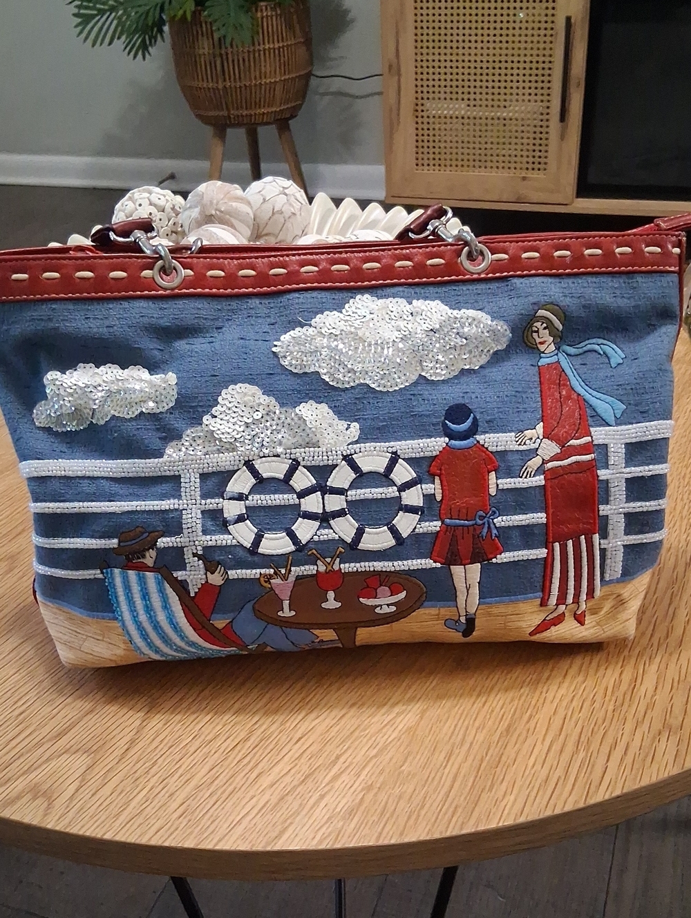 Isabella Fiore Blue Denim Seaside Embroidered Tote with Red Trim